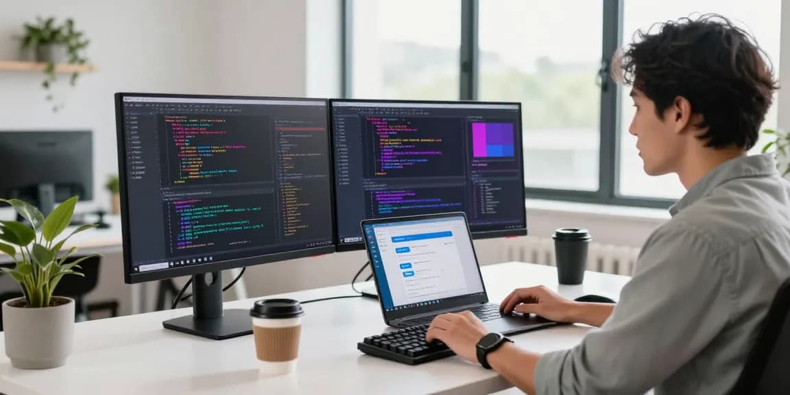 Developer coding on dual monitors in a modern office, showcasing WhatsApp網頁版 tools.