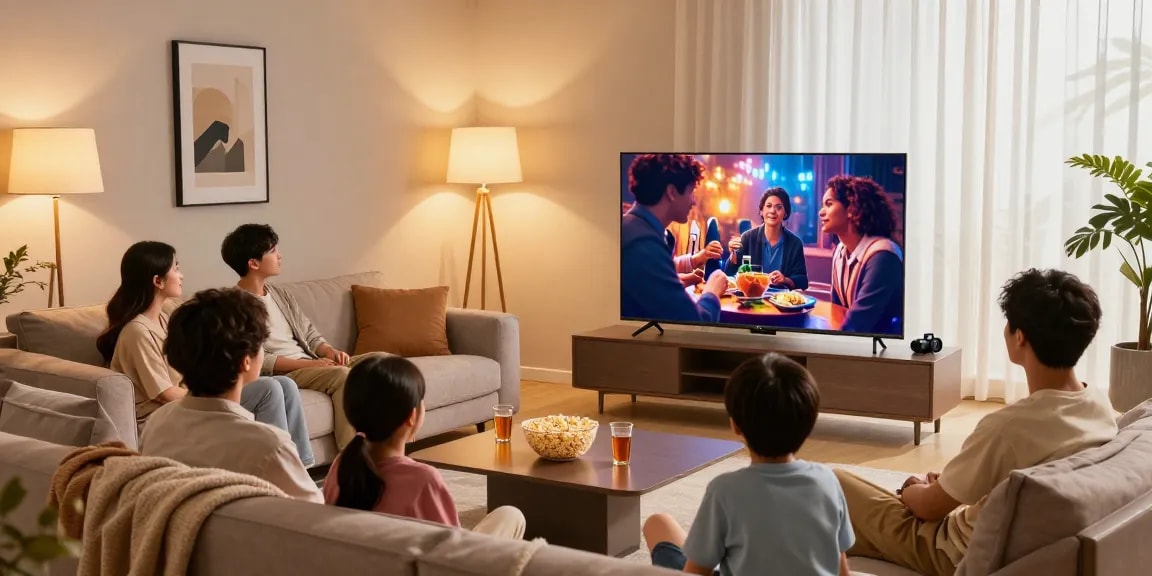 Family enjoying a movie night on a mini LED TV in a cozy living room.