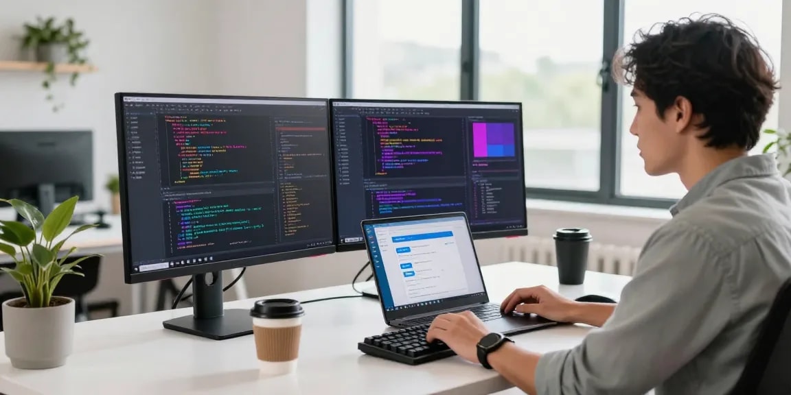 Developer coding on dual monitors in a modern office, showcasing WhatsApp網頁版 tools.