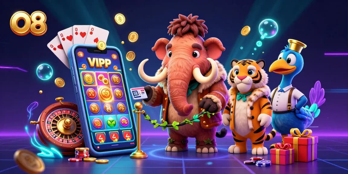 Engage with O8’s vibrant casino scene featuring a woolly mammoth bouncer, saber-tooth VIP, and doorman.