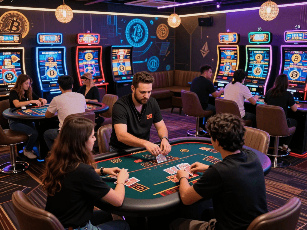 Engaging scene at a crypto casino with players enjoying gaming tables and vibrant digital displays.