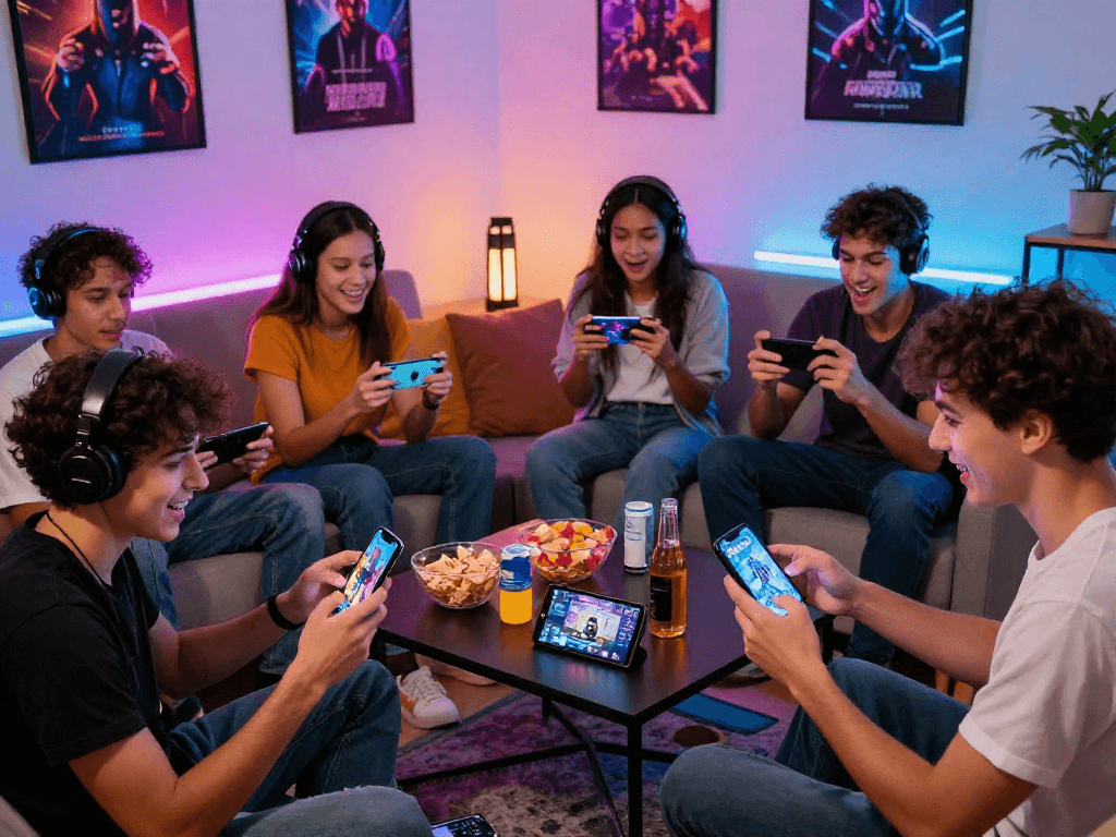 Excited players enjoying mobile porn games in a cozy gaming setup.
