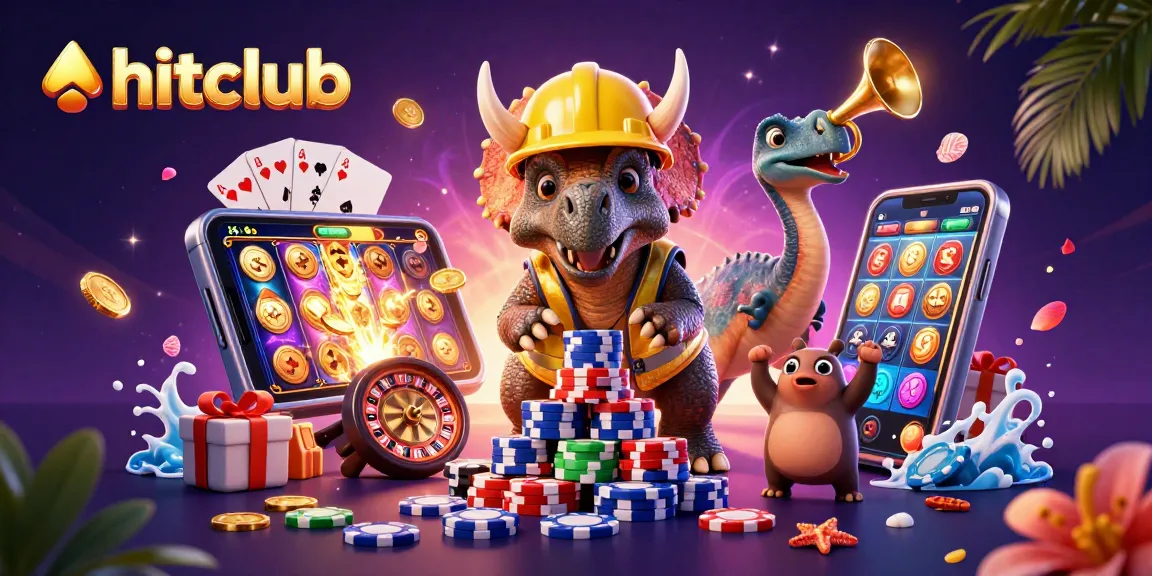 Experience the excitement at hitclub with a dynamic scene of gaming action featuring cartoon dinosaurs and gambling elements.