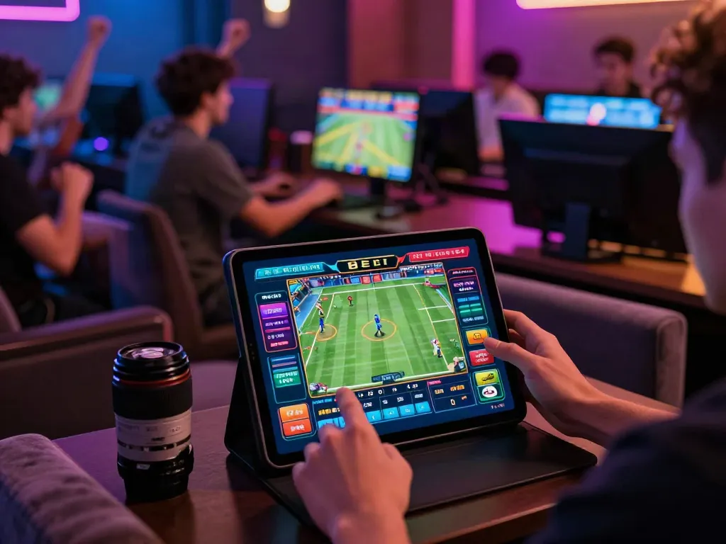 Person using a smartphone for online betting at http://11bet-app.net/ in an energetic gaming lounge.