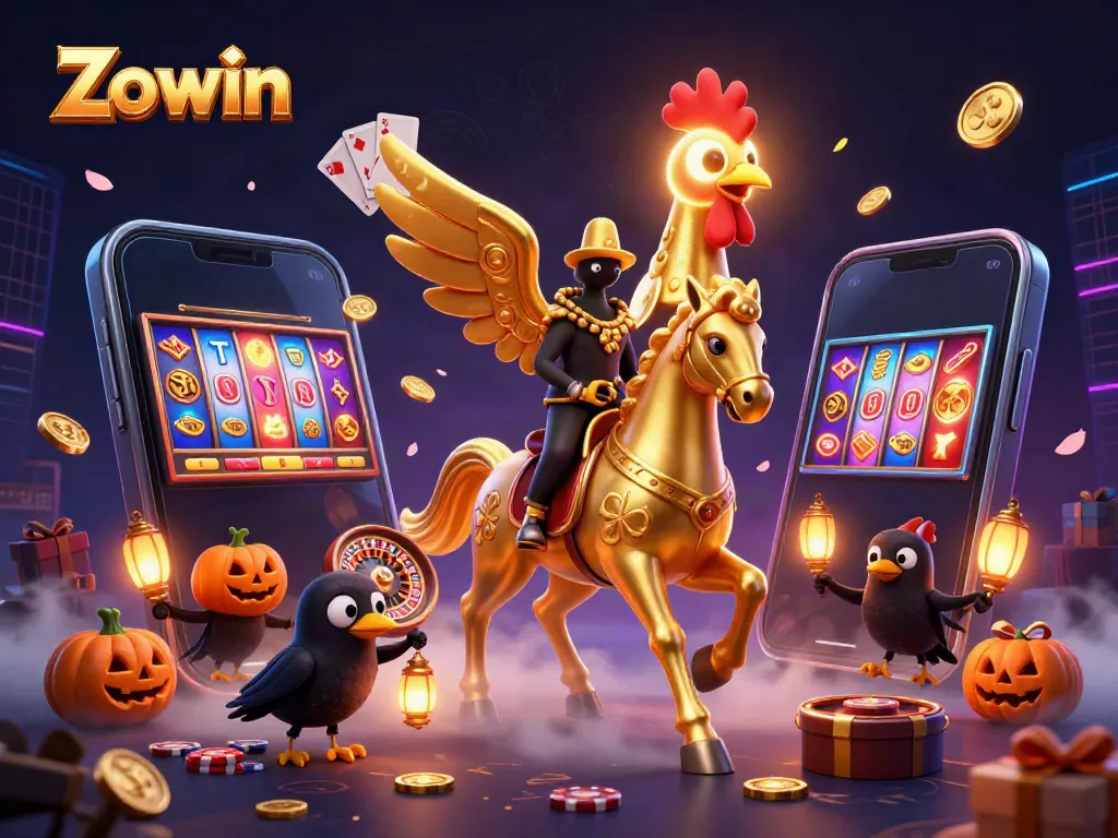 Zowin offers thrilling casino action with a golden rooster and spectral entertainment in a vibrant scene.