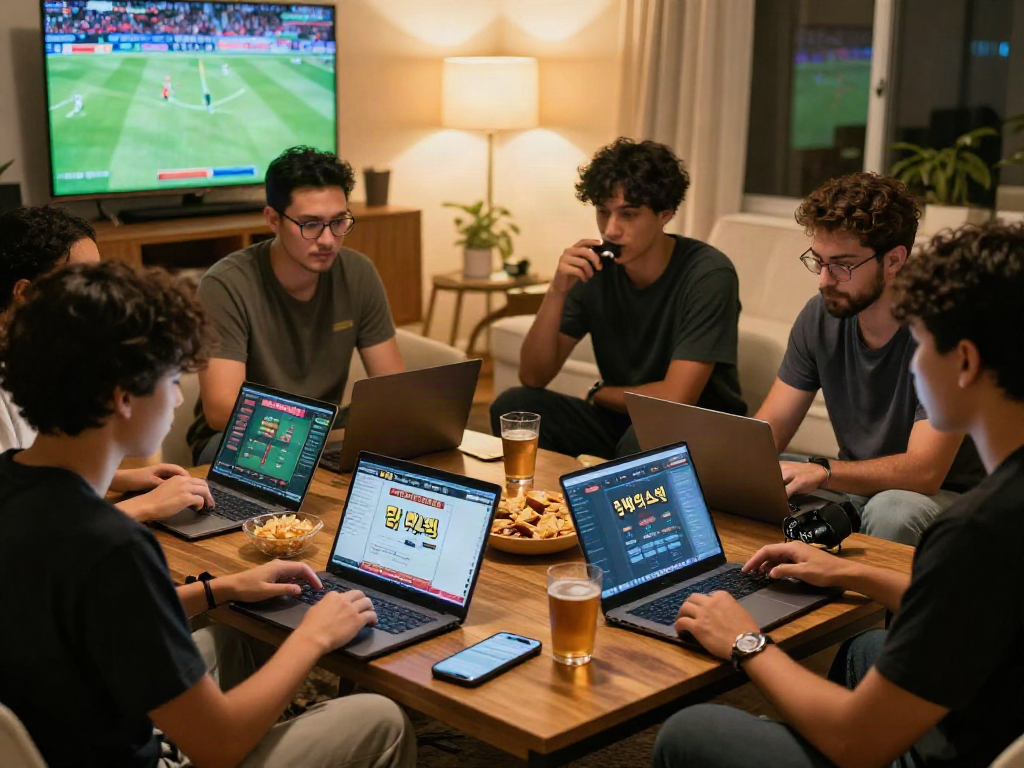 Engaged friends discussing 토토사이트 검증 먹튀스팟 in a cozy living room.