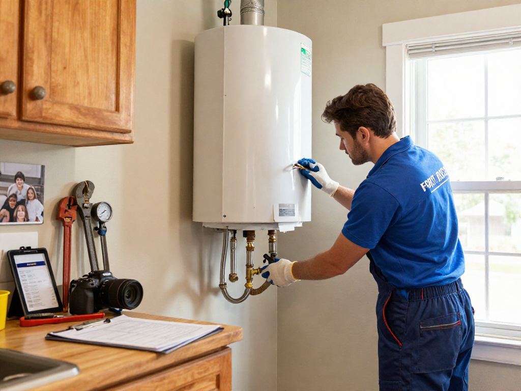 Expert technician performing water heater replacement Fort Worth in a cozy kitchen setting.