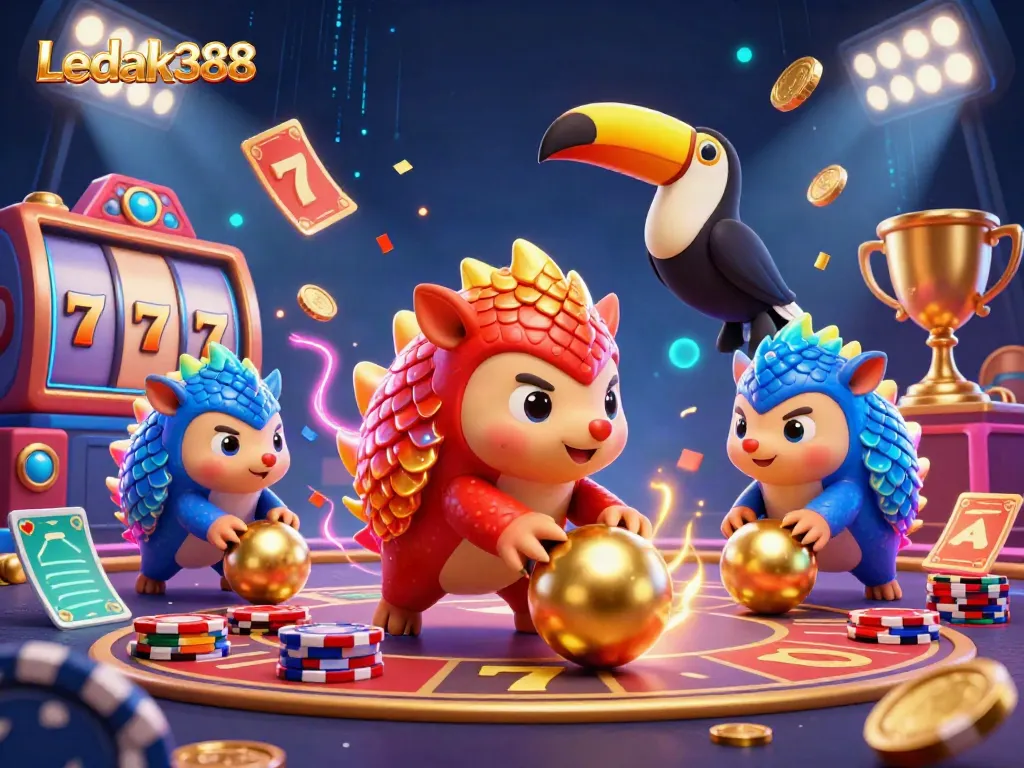 Experience Ledak388's vibrant gaming action featuring pangolins bowling through poker chips.