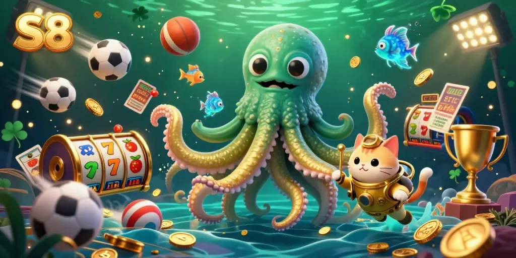 S8 jackpot celebration scene with a kraken, diving cat, and glowing sea fish amidst vivid casino elements