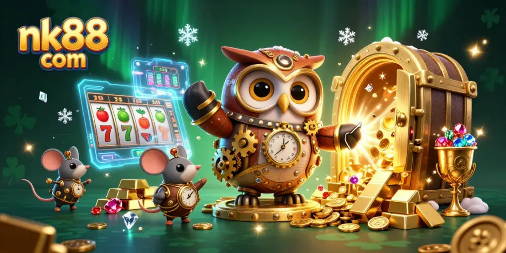 Engage with mobile slots action at nk88 com while surrounded by vibrant treasure-filled casino imagery.