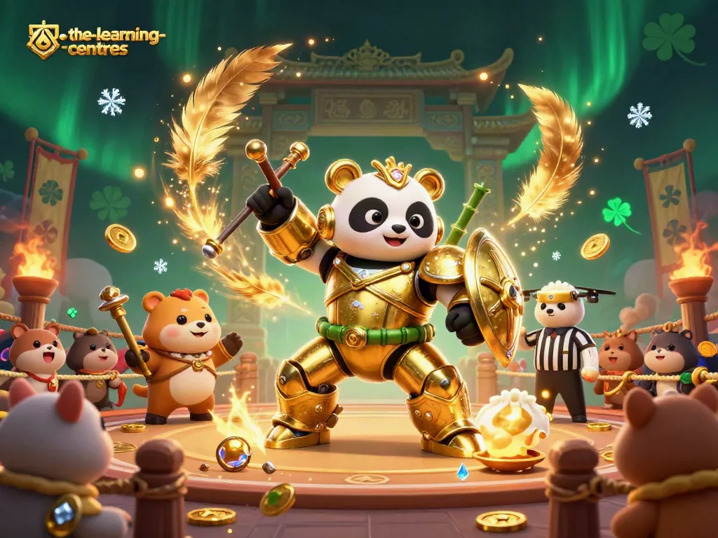 The-learning-centres presents an engaging arena with a golden panda robot amidst betting excitement.