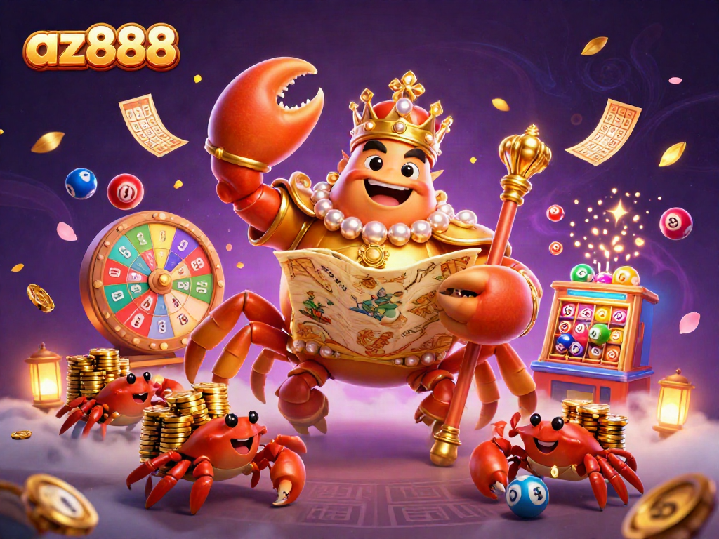Engage in exciting gaming experiences with az888, featuring a golden crab emperor and lively lottery elements.