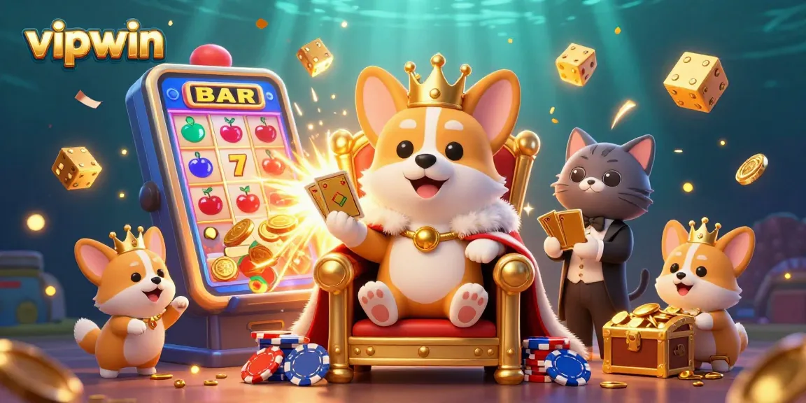 Experience the excitement of vipwin with a vibrant casino scene featuring a royal corgi, treasure, and dynamic gaming elements.