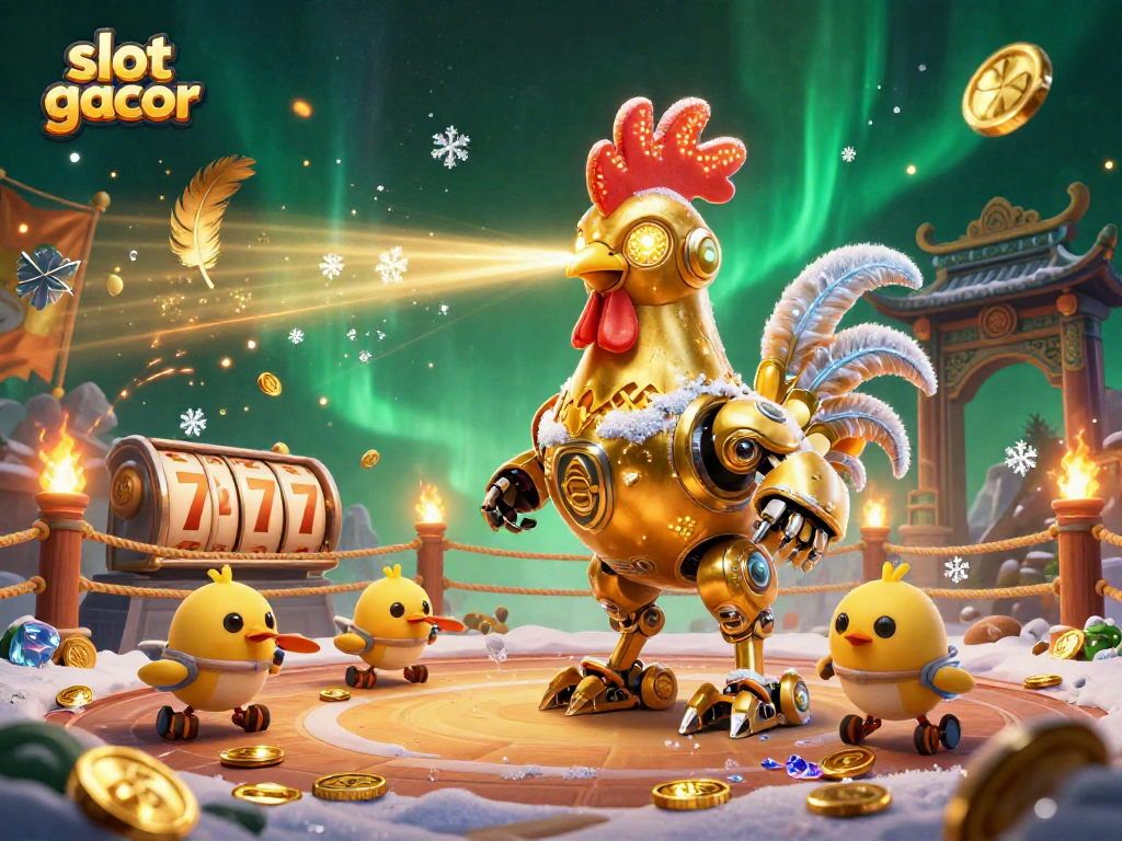 Spin to win on slot gacor with golden rooster robot and vibrant casino elements.
