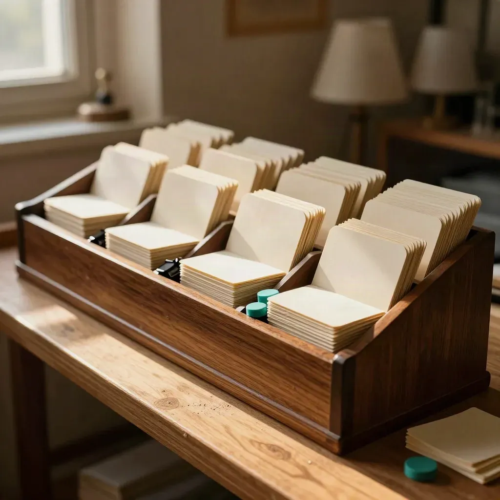 Wooden sorter with blank cards, teal chips and clips in warm window light, arranged into neat backlog piles