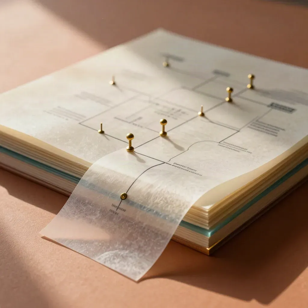 Layered roadmap sheets pinned with brass and teal accents on a terracotta plinth.