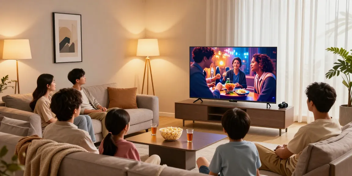 Family enjoying a movie night on a mini LED TV in a cozy living room.