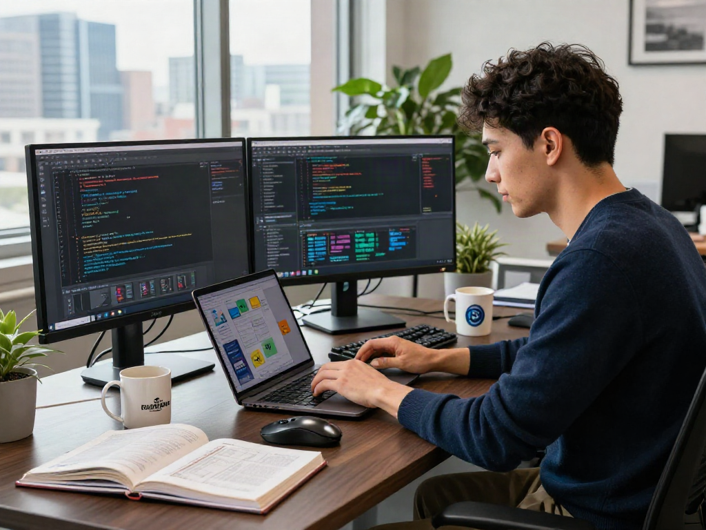 Workspace scene from https://789win11.org/ showcasing a developer coding in a modern office setting with city views.