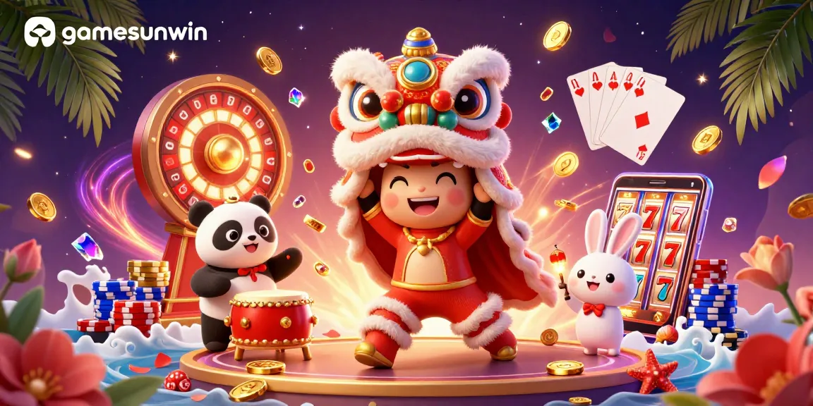 Engage with thrilling activities at gamesunwin, featuring festive characters celebrating a vibrant casino scene.