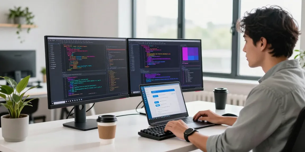 Developer coding on dual monitors in a modern office, showcasing WhatsApp網頁版 tools.
