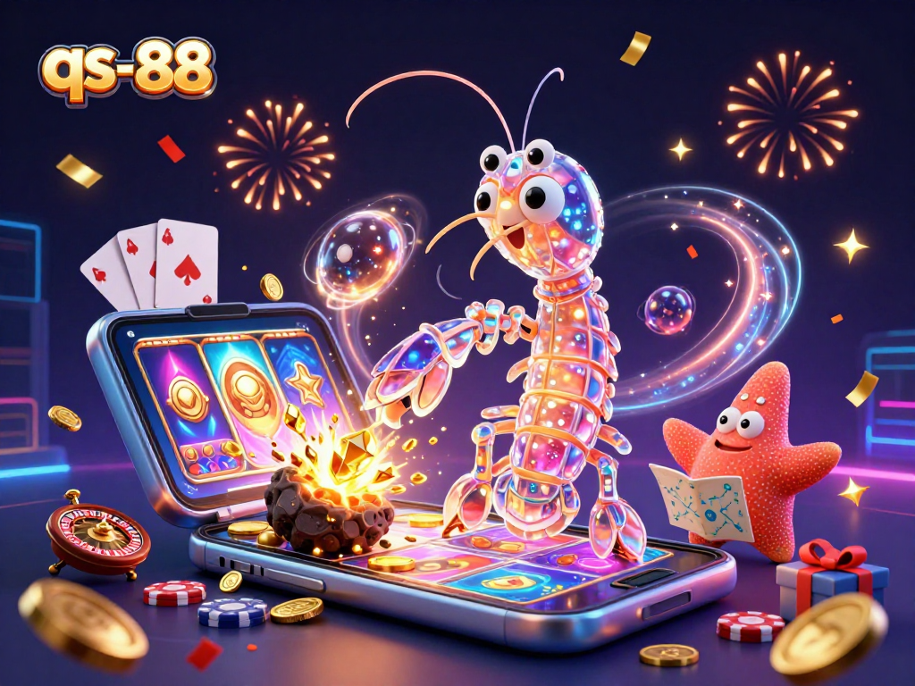 Experience excitement with qs-88 in this vibrant 3D casino scene featuring dynamic slot games.
