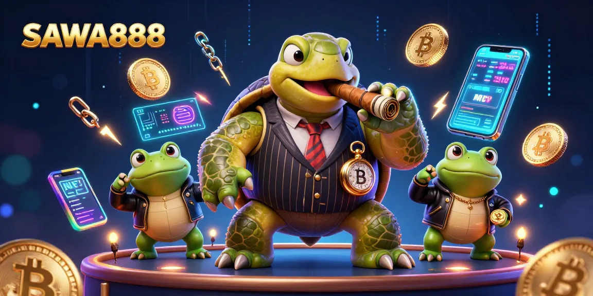 Play slots and explore SAWA888 with a vibrant casino-themed illustration featuring characters and dynamic game elements.