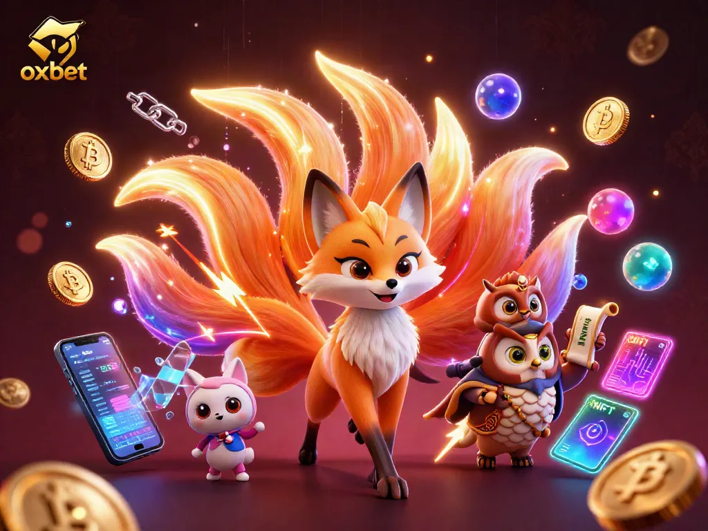 Experience the vibrant world of oxbet as the nine-tailed fox spirit and wise owl sage dance amidst crypto elements.