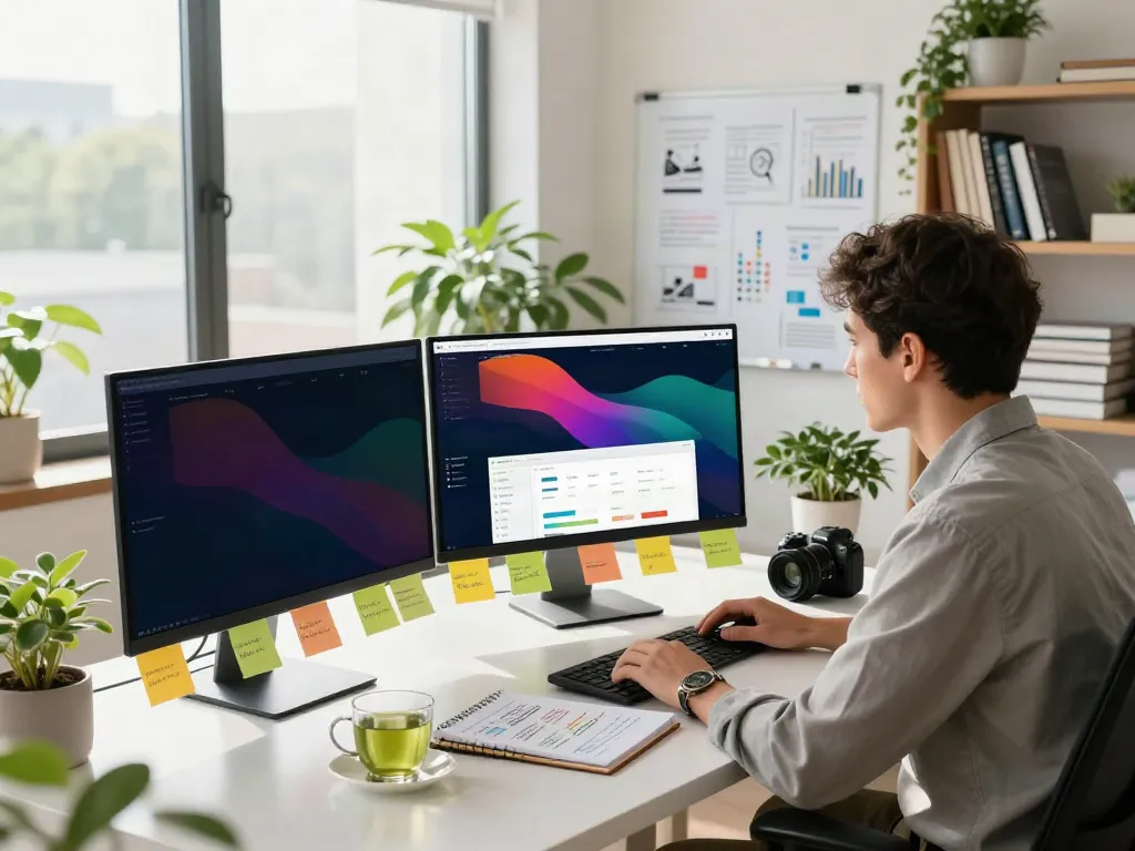 Content strategist using instant indexing tools at modern desk with SEO analytics.