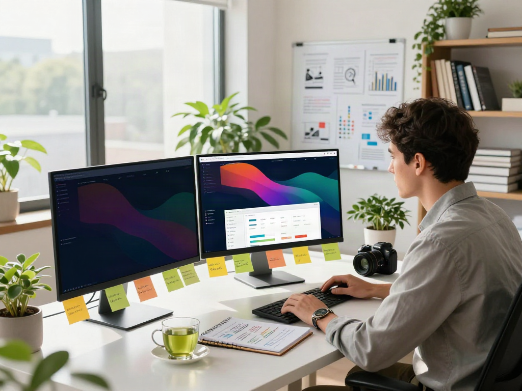 Content strategist using instant indexing tools at modern desk with SEO analytics.