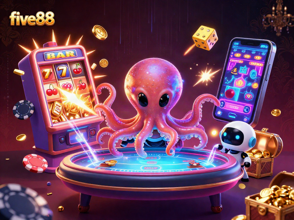 Engage with five88's thrilling gaming scene featuring an alien octopus at a poker table.