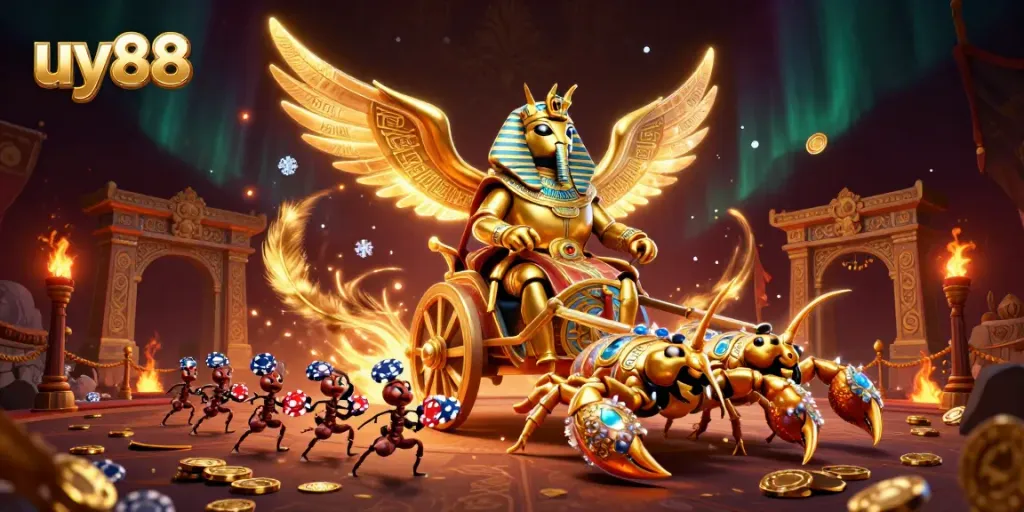 Engage in thrilling gambling with uy88, featuring a golden scarab beetle in a vibrant casino scene.