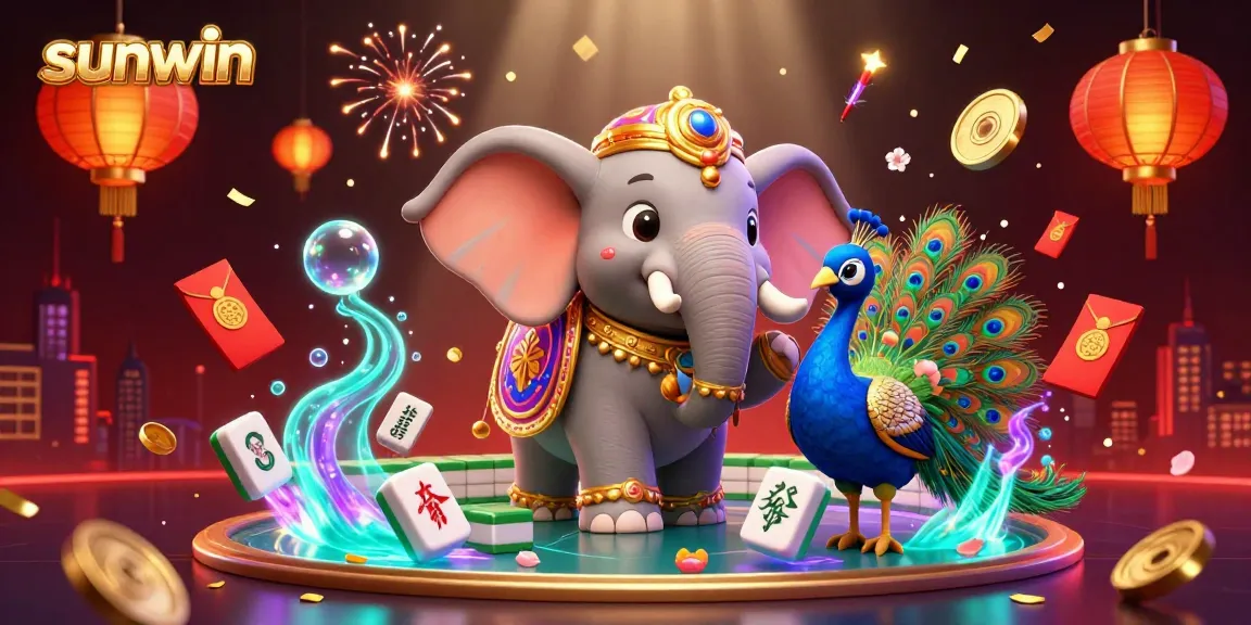 Engage with sunwin's vibrant casino atmosphere featuring an elephant, peacock, and festive decorations.