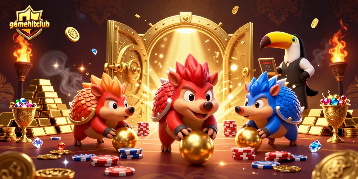Play at gamehitclub with rival pangolins rolling golden balls through poker chips in this vibrant casino scene.