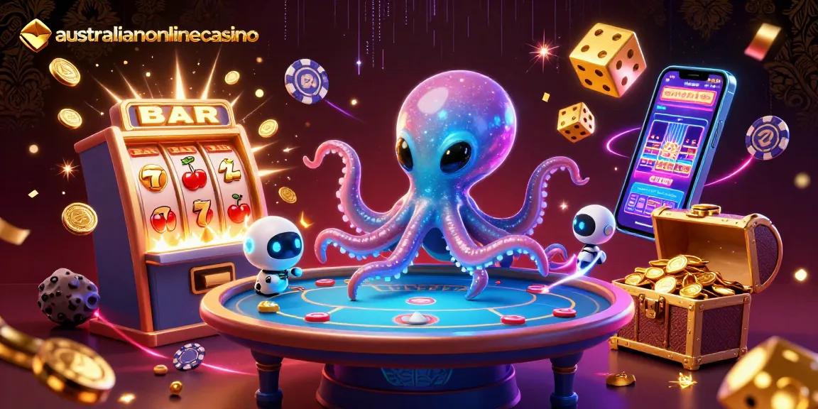 A vibrant scene depicting an alien octopus operating a holographic poker table at australianonlinecasino, with dynamic casino elements.