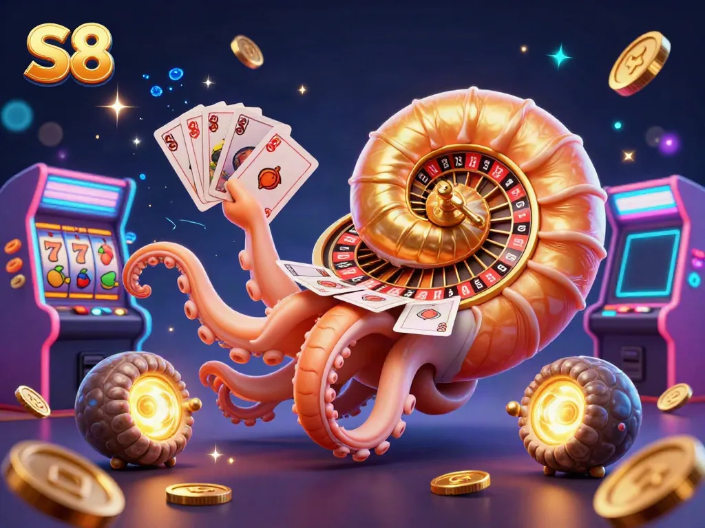Experience the excitement of S8 slots with vibrant 3D illustrations of nautilus and multiple game elements.