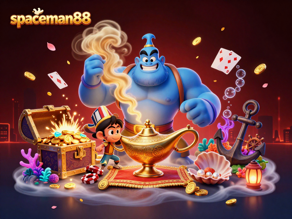 Experience big wins with spaceman88 featuring vibrant slots and treasure in a magical scene.