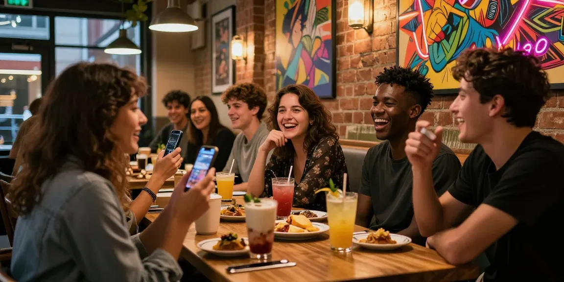 Diverse friends enjoying spicy chat over colorful drinks at a vibrant café setting.