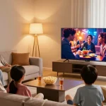 Family enjoying a movie night on a mini LED TV in a cozy living room.